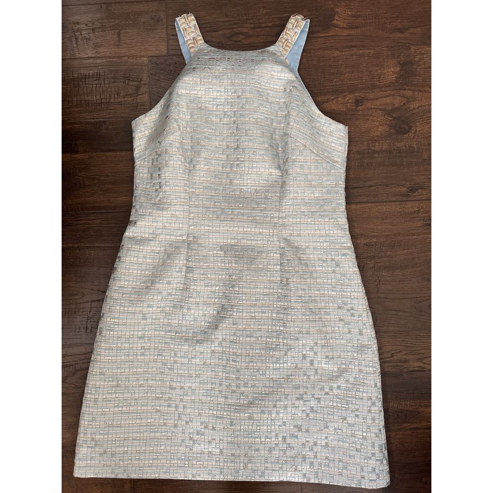 Aidan Mattox Gold Blue Silver Dress 10 Zip Lined Formal Wedding Pockets Party